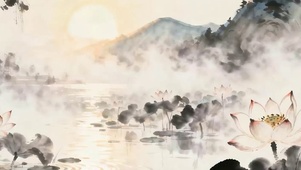 古风山水墨画莲花带鱼屏