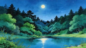 林间月夜映湖