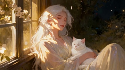 花影下白猫与银发女孩