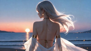 海边日落银发背影美女