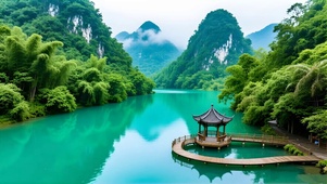 绿色护眼山水亭子