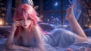 夜晚卧室粉发二次元美少女