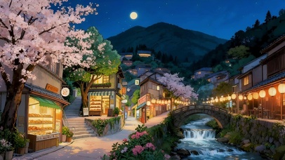 夜晚樱花河流古镇