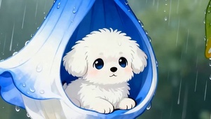 雨天喇叭花下小狗带鱼屏
