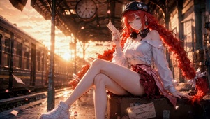 夕阳站台红发少女