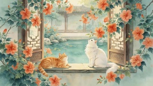 窗台鲜花猫咪