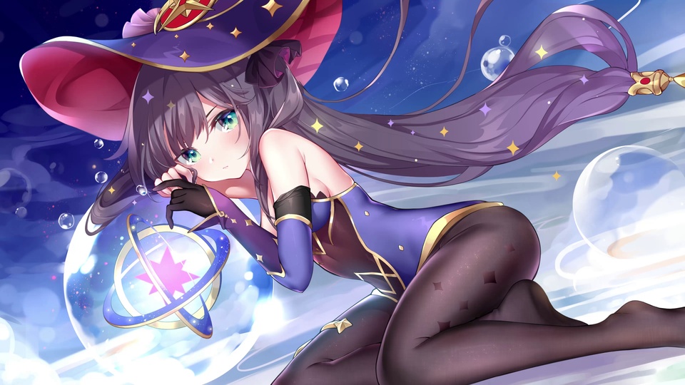 身穿紫黑金占星术士服饰、佩戴金边紫魔法帽的莫娜蹲于前景，背景是布满星点与透明气泡的蓝紫色星空，为日系二次元插画风格。