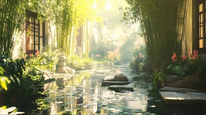 绿色夏日清新阳光庭院