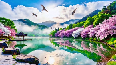春山樱湖亭榭