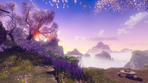 唯美古风傍晚夕阳山川云雾樱花