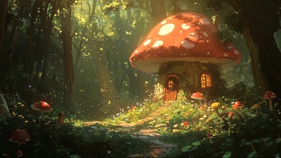绿色午后森林蘑菇小屋