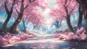 粉色春日梦幻溪流森林