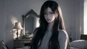 清冷黑长直眼镜美少女