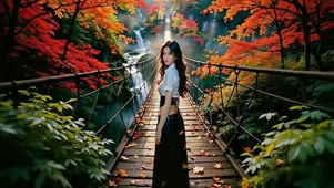 红枫山谷瀑布景区吊桥上的美女