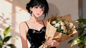 捧花动漫插画少女