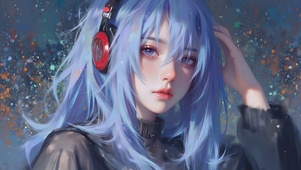 厚涂风蓝发耳机女孩