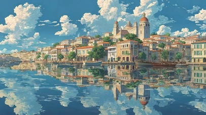 水光倒影海港城市小镇