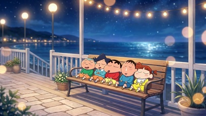 月夜海边长椅小憩