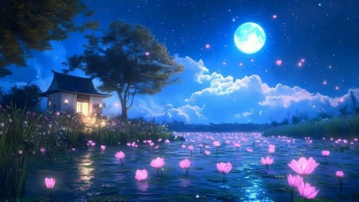 夜景树木房屋