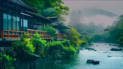 雨天山水江边古镇