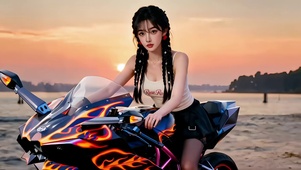 梳麻花大辫的火焰纹机车美女