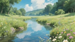 蓝天阳光森林溪流