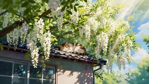 槐树花下的猫咪