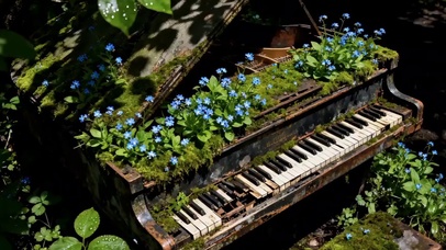 花丛中腐蚀的钢琴