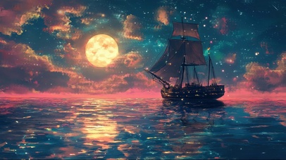 月下星空浪漫帆船大海