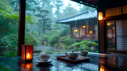 解压雨天木屋品茶