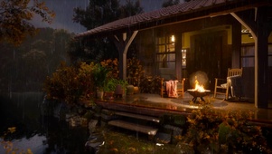 雨天湖边木屋
