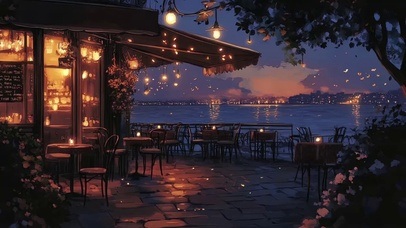 海边浪漫晚霞酒馆美景