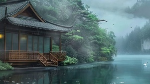 古风护眼绿景河流带鱼屏