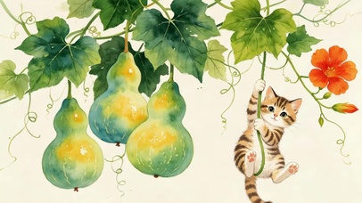 葫芦藤蔓上打吊吊的猫咪