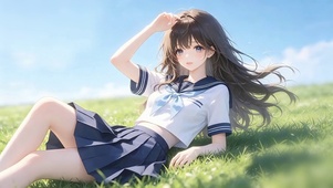 草坡上的校服少女