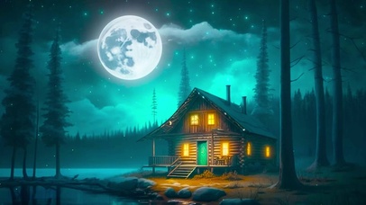 唯美月夜树林湖边小屋