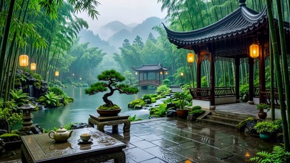 园林竹林雨景