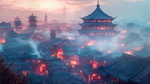 古镇朦胧傍晚建筑风景
