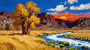 油画风草原河流