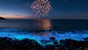 蓝眼泪海边烟花星空夜景