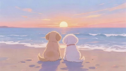海边狗狗看晚霞