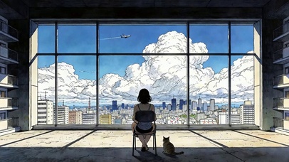 女孩与猫咪望着天空