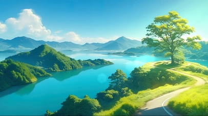 清新绿色水库群岛小径