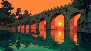 落日湖面古桥插画