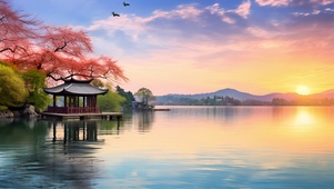 湖泊古亭美景