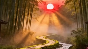 夕阳下竹林河流木屋带鱼屏