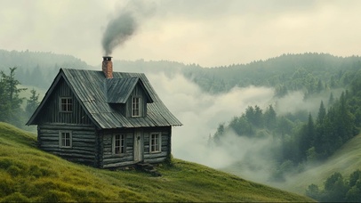 山坡绿色草地孤寂小屋