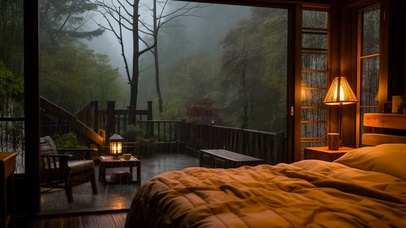 山间别墅雨天木屋