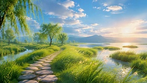 清新晨光河畔步道风景