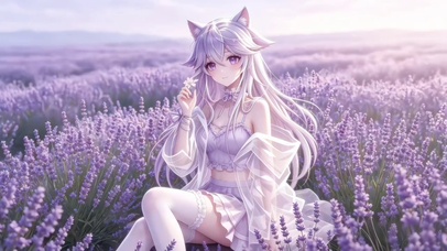 薰衣草与猫耳少女的紫调梦境